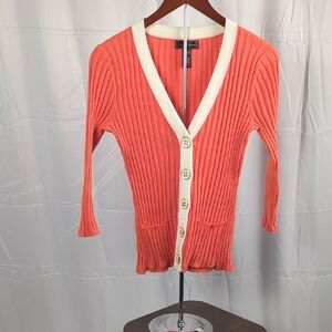 Cable & Gauge Coral and Cream Button-Down Cardigan
